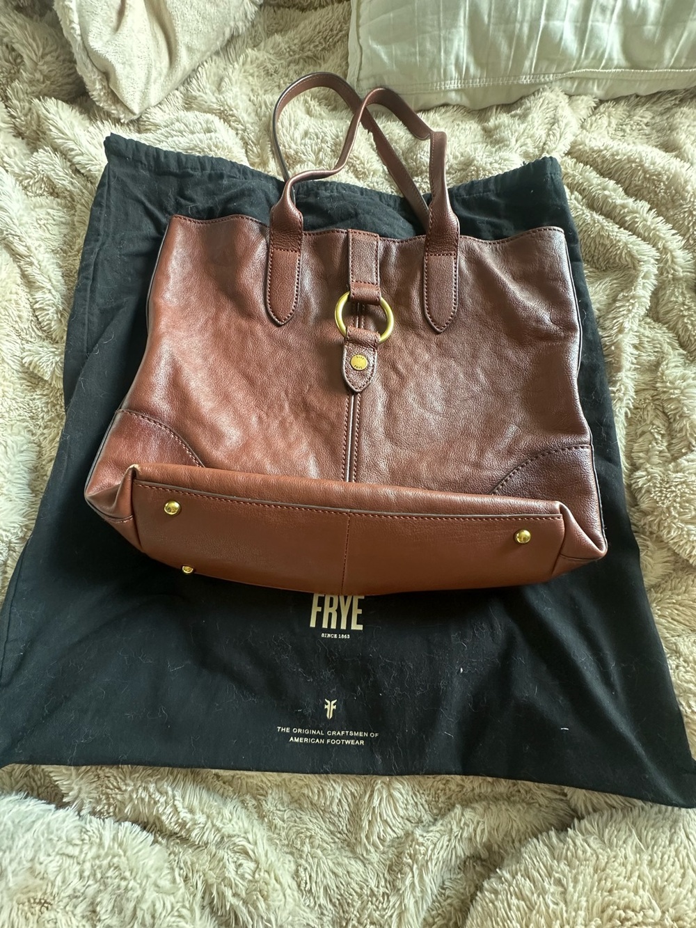 FRYE Cognac Brown Leather Ring Tote Handbag Purse Bag Carryall Large Leather